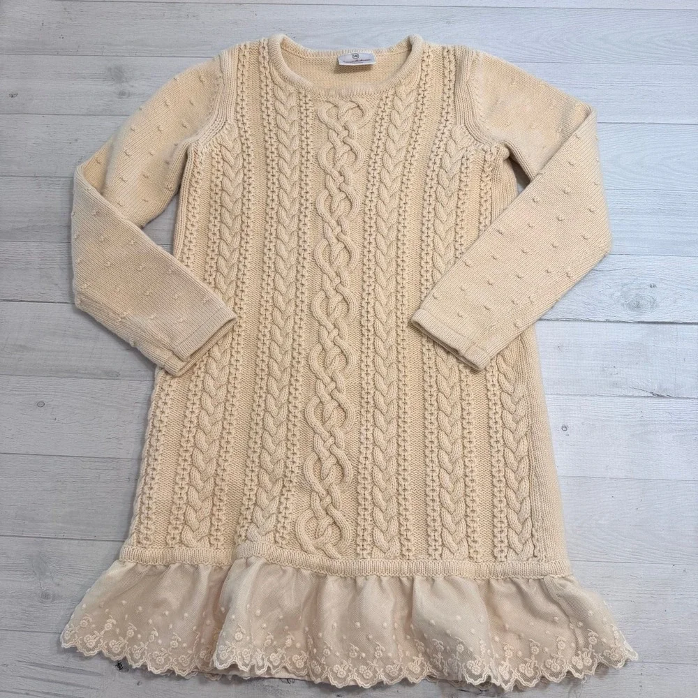 Hanna Andersson girls off white cotton merino wool sweater dress size 140/10